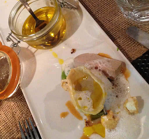 ham hock ravioli chicken liver pate, asparagus and asparagus veloute served with popcorn and a toffee sauce